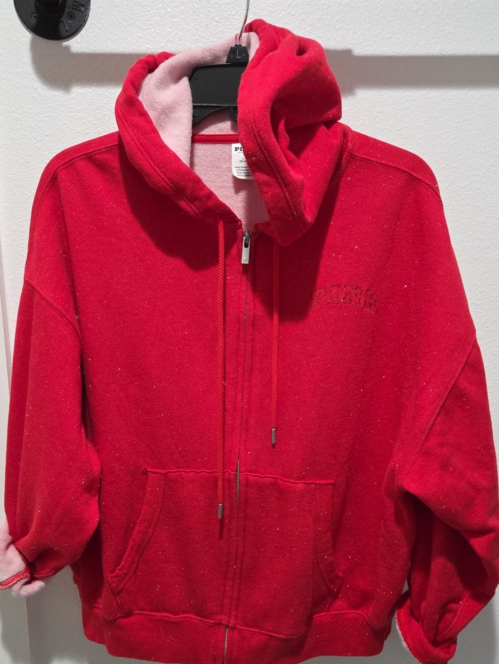 PINK Victoria's Secret Red/Silver Flakes Campus Fleece Full-Zip Hoodie Size Lrg